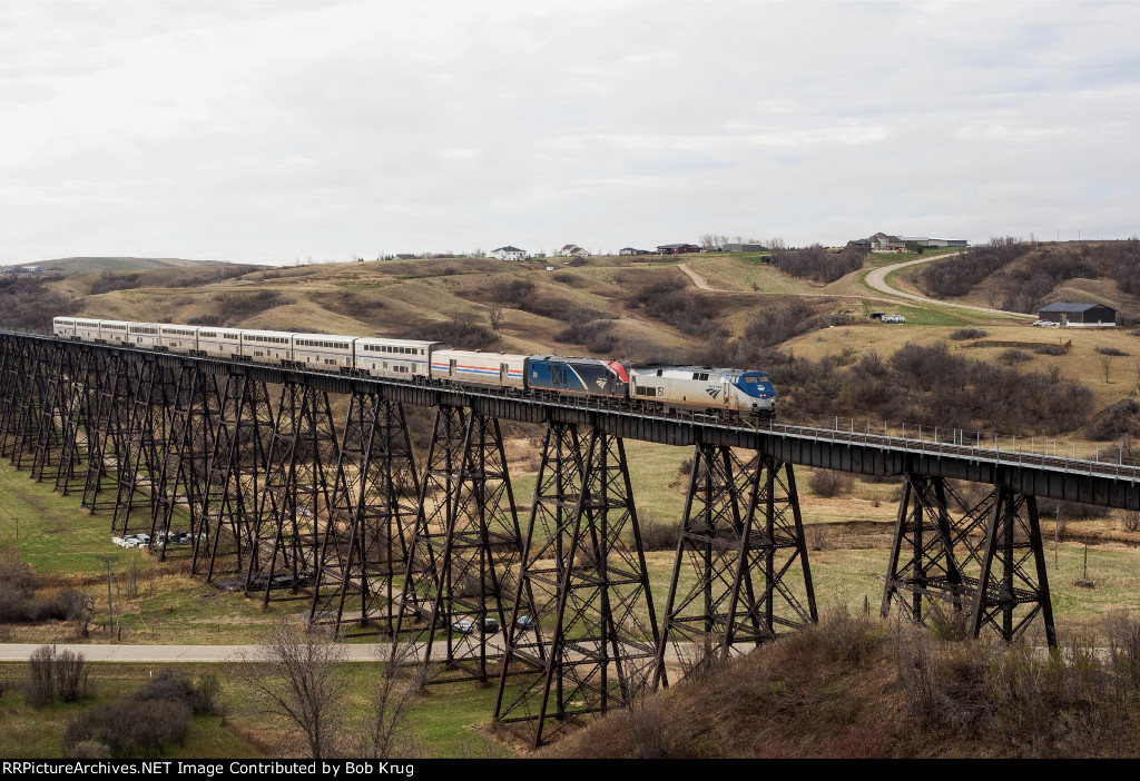 AMTK 151 leads the westbound Empire Builder across Gassman Coulee Trestle